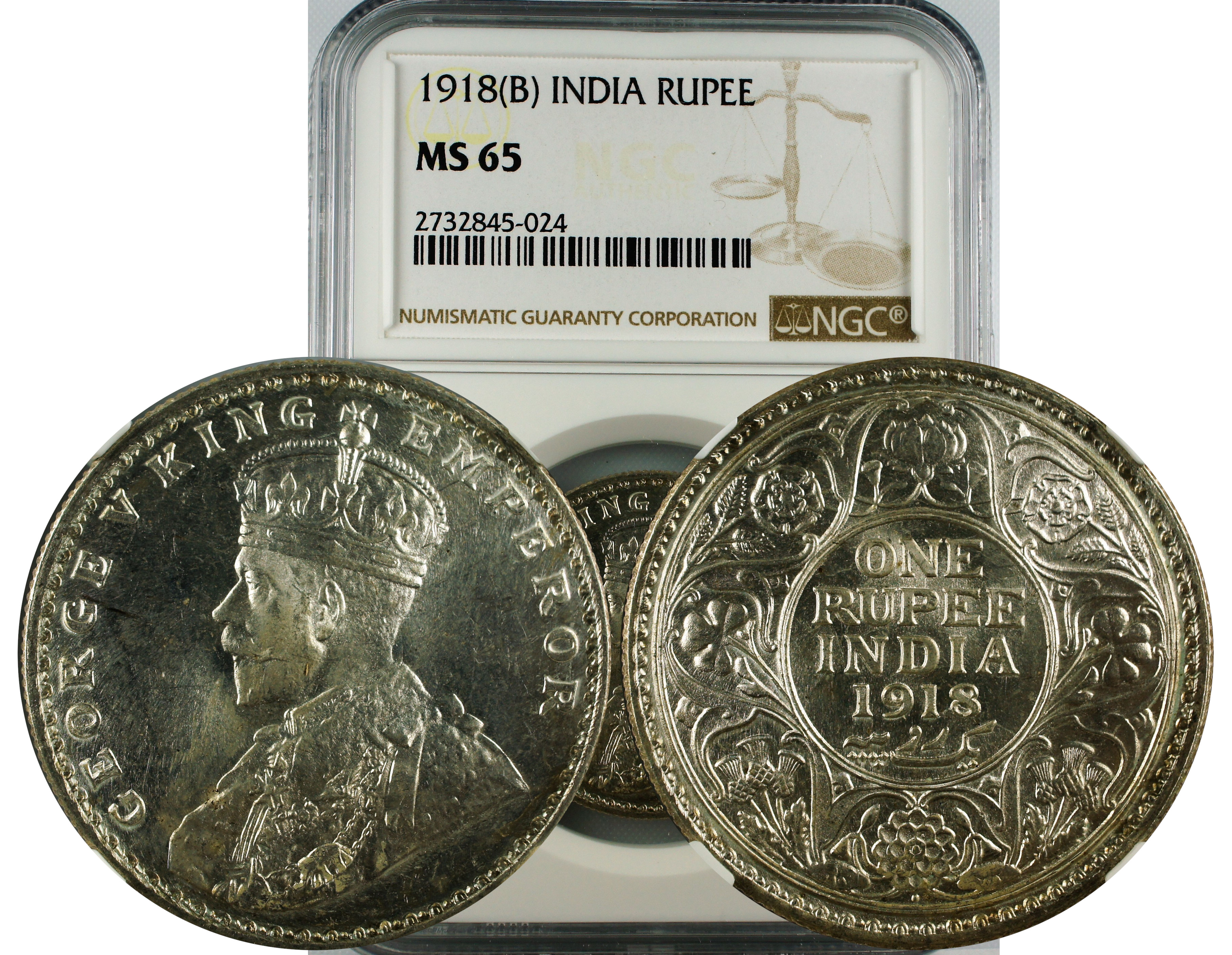 1918 B INDIA RUPEE MS65