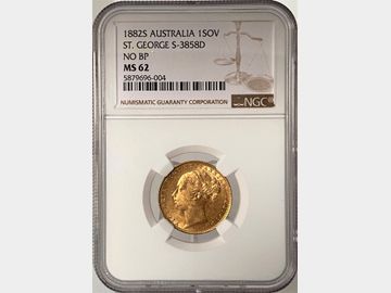 1882 VICTORIA YOUNG HEAD SYDNEY MINT 'NO B.P.' GOLD SOVEREIGN MS62 TOP POP! RARE