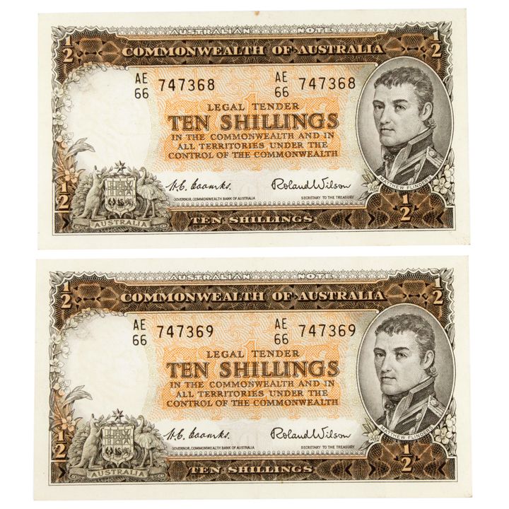 Consecutive Pair, Coombs/Wilson, Ten Shillings, 1954, gEF