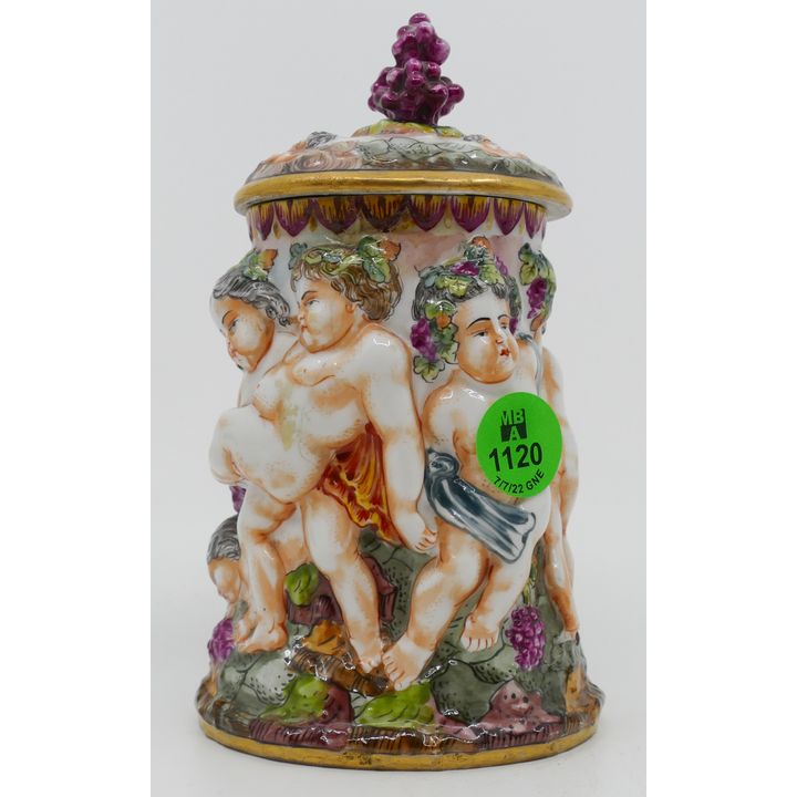 Antique Capodimonte Putti Small Jar 6''