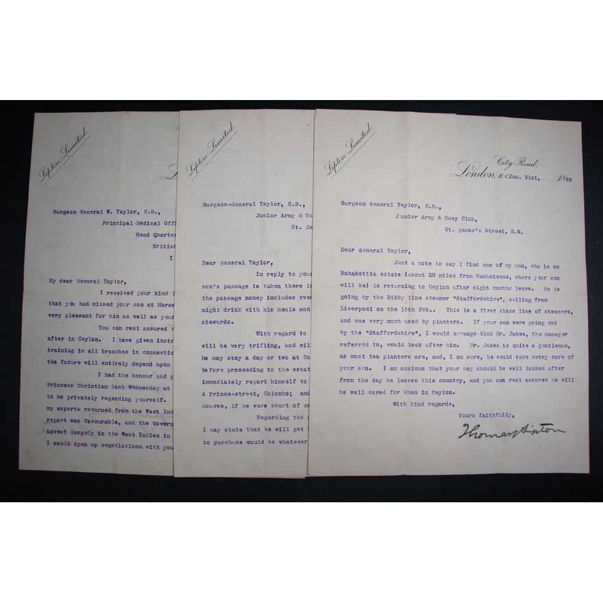 Thomas Lipton to Surgeon General W. Taylor 1899