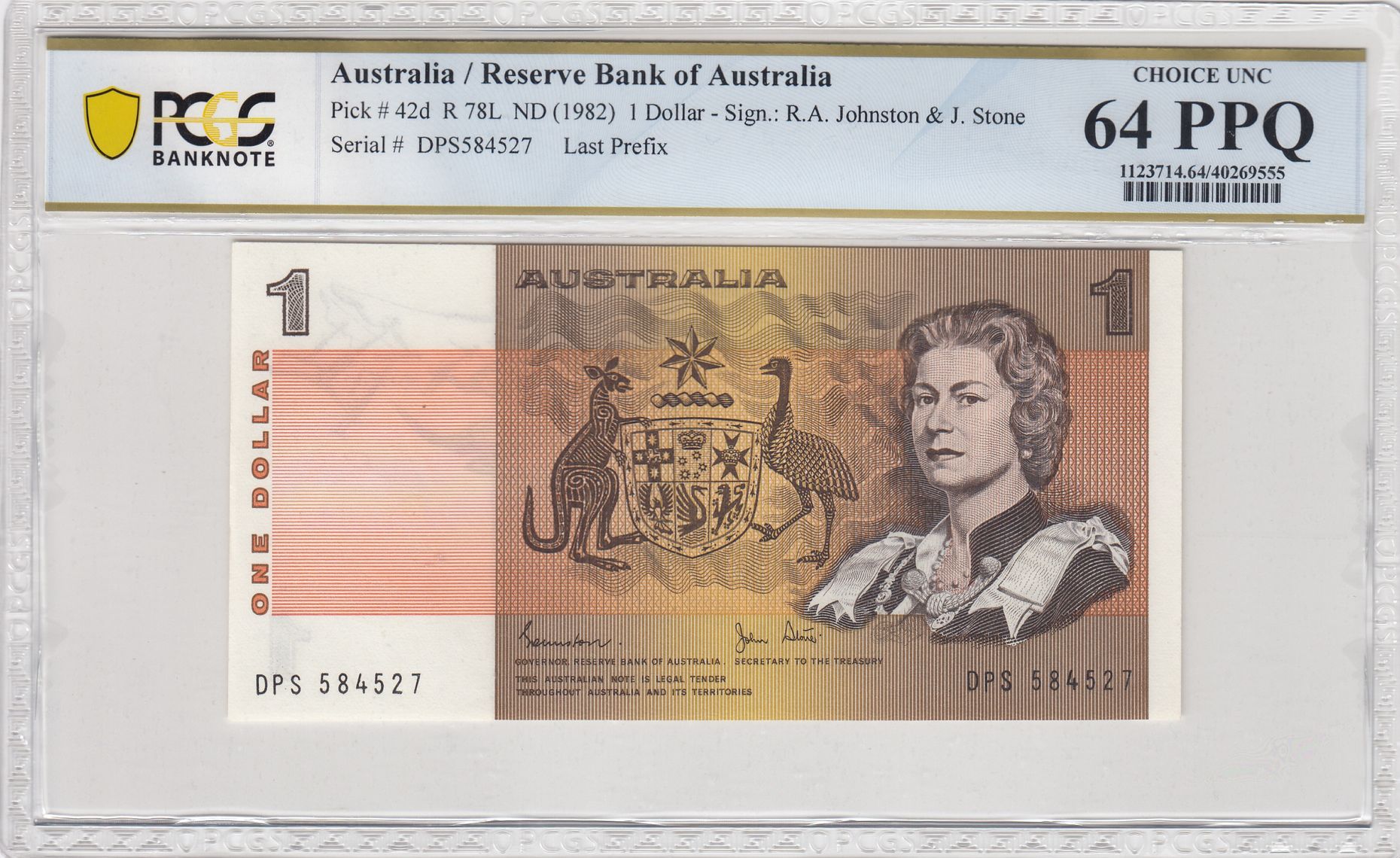 1982 Australia $1 Banknote Johnston/Stone Last Prefix Choice UNC 64 PPQ PCGS