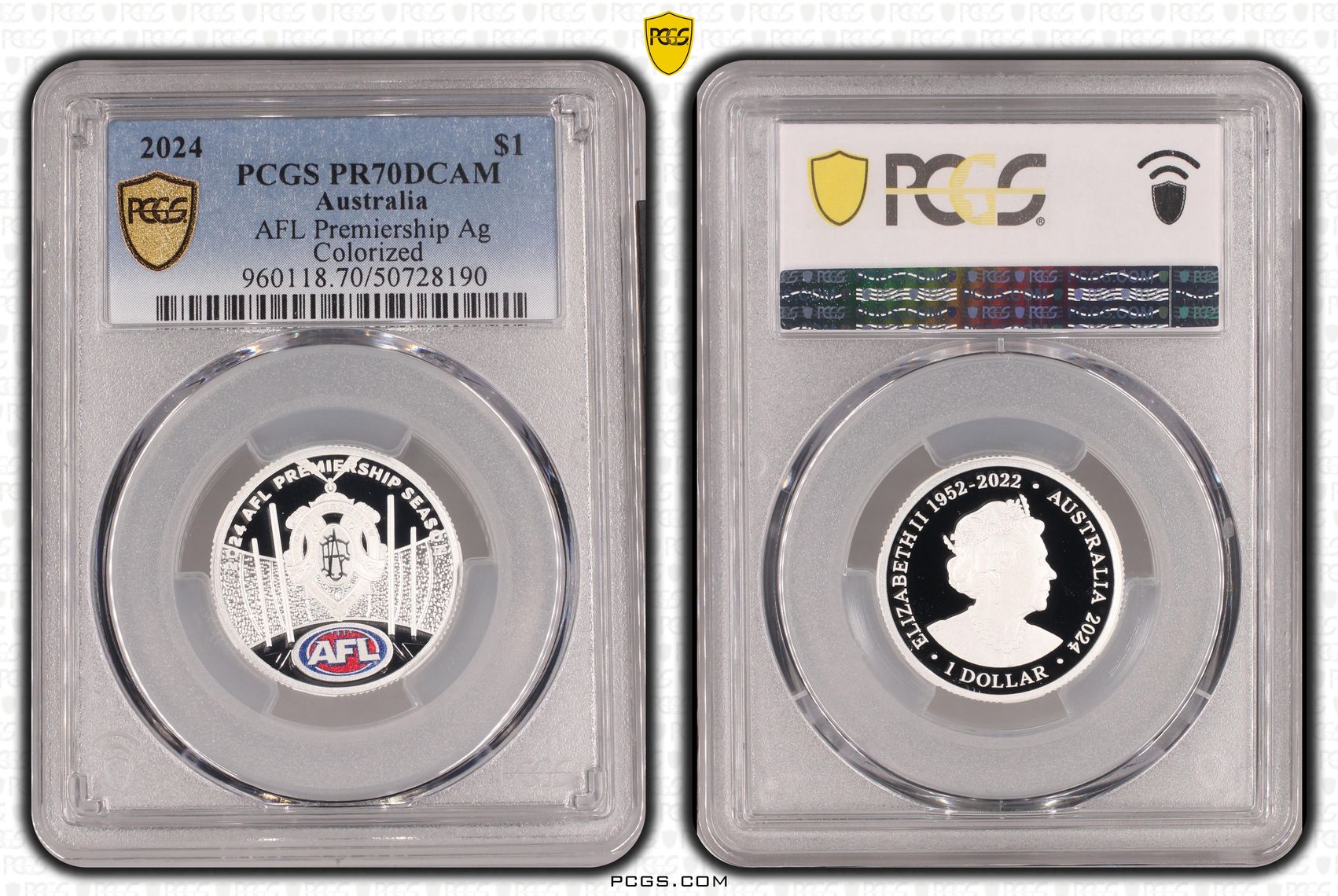 AFL Premiership Ag Colorized, POP 6/0, One Dollar, 2024, PCGS PR70DCAM
