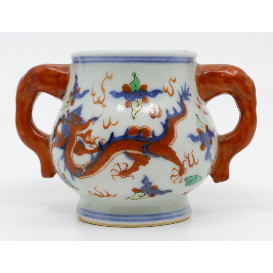 Old Chinese Doucai Porcelain Dragon Small Censer 3''x4''