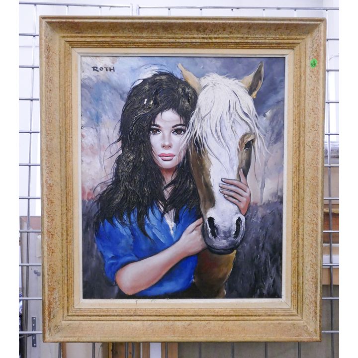 Etienne Roth Woman with Horse Oil Painting Framed- 27x23''