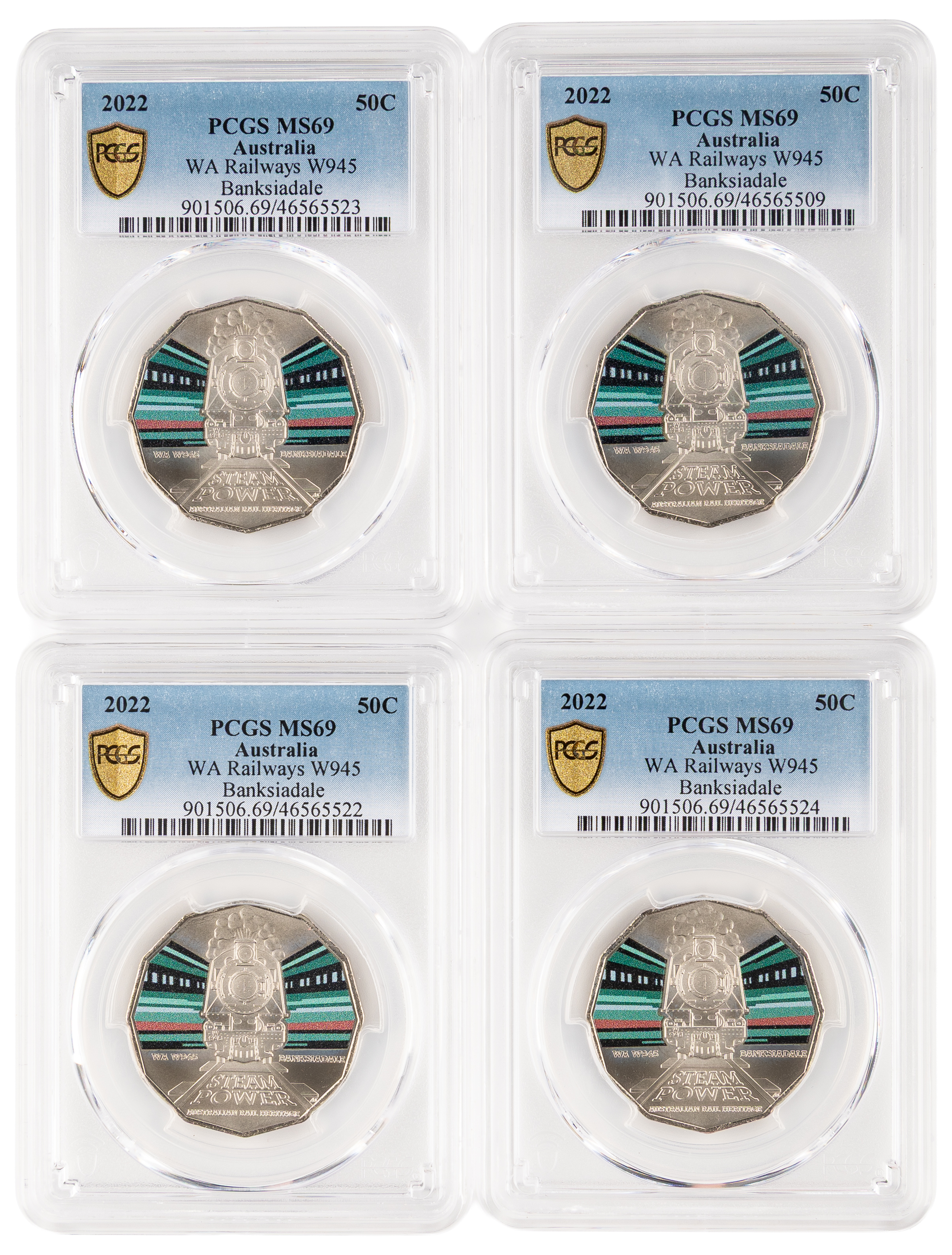 4x WA W945 Banksiadale Australian Rail Heritage, Fifty Cent, 2022, PCGS MS69