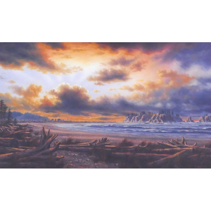 Randy VanBeek (b.1958, Washington) 'Winter Sunset, LaPush Washington' Oil on Board Painting. 1983. Framed. Image measures 12x20''