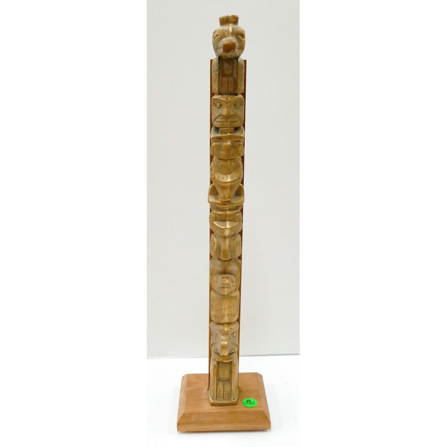 Northwest Cast Bronze Raven Totem Pole Model on Stand 19.5''