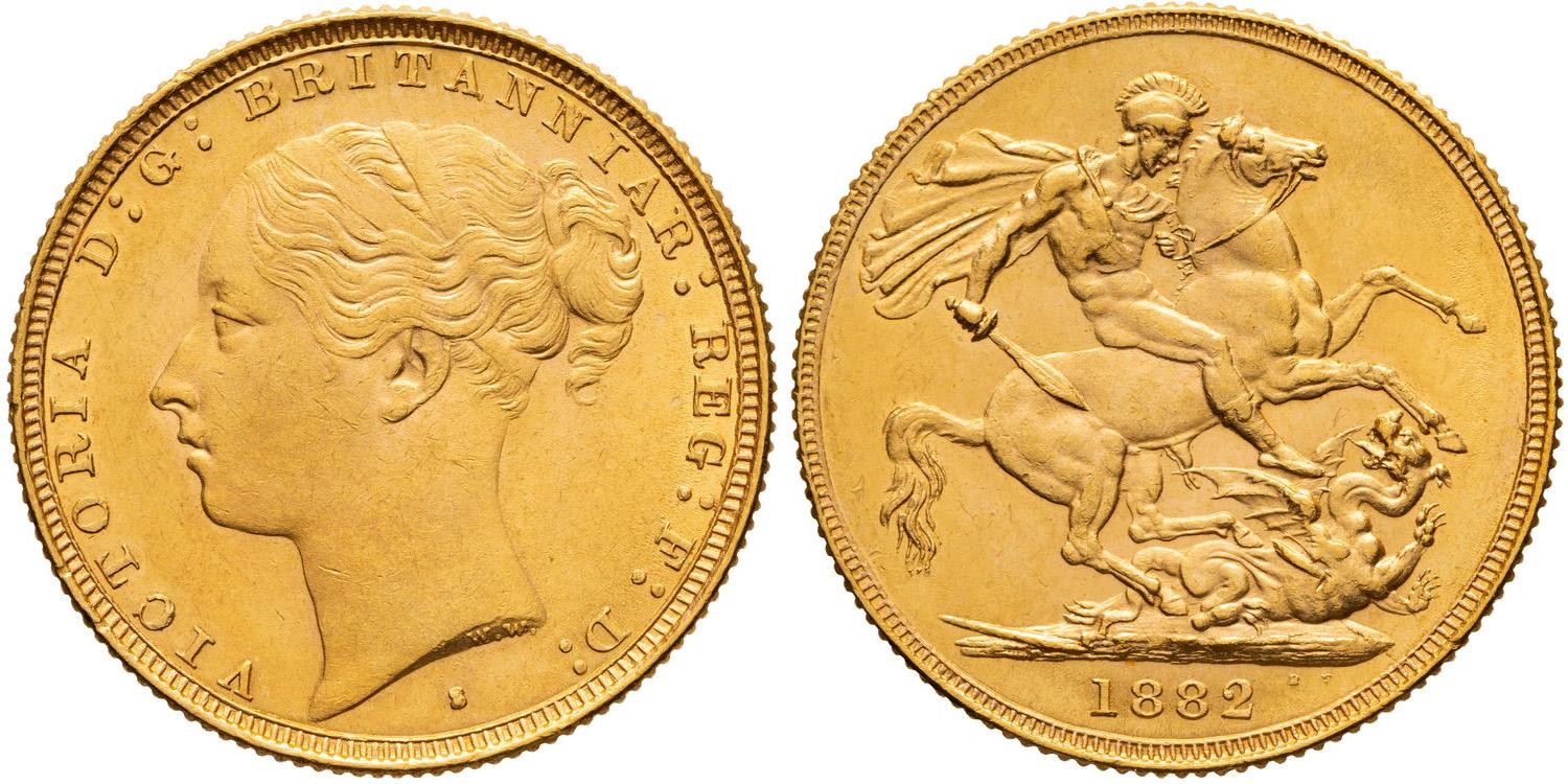 Victoria, Shield Reverse - Young Head, Sovereign, 1882-S, UNC