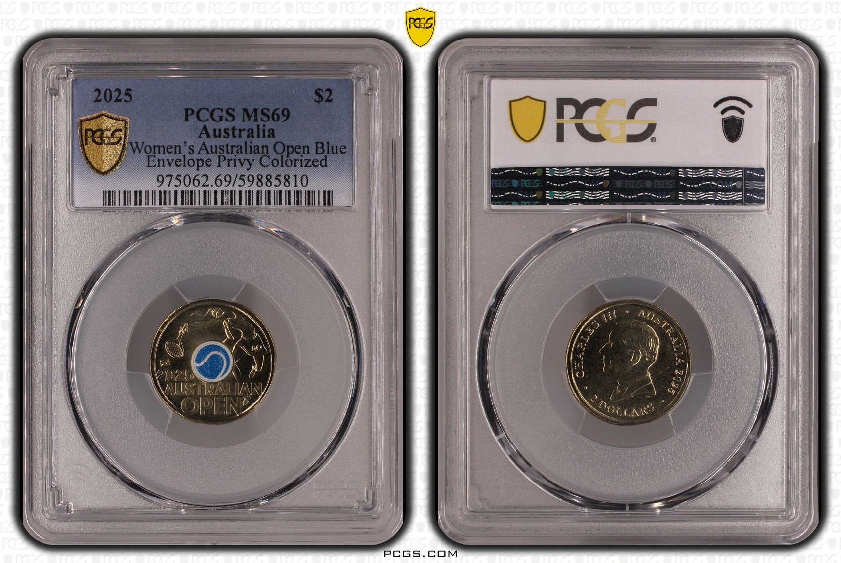 Women's Australian Open Blue Envelope Privy Colourised, Two Dollar, 2025, PCGS MS69