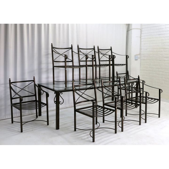 GLASS TOP STEEL PATIO TABLE AND SET OF 8 CHAIRS with cushions