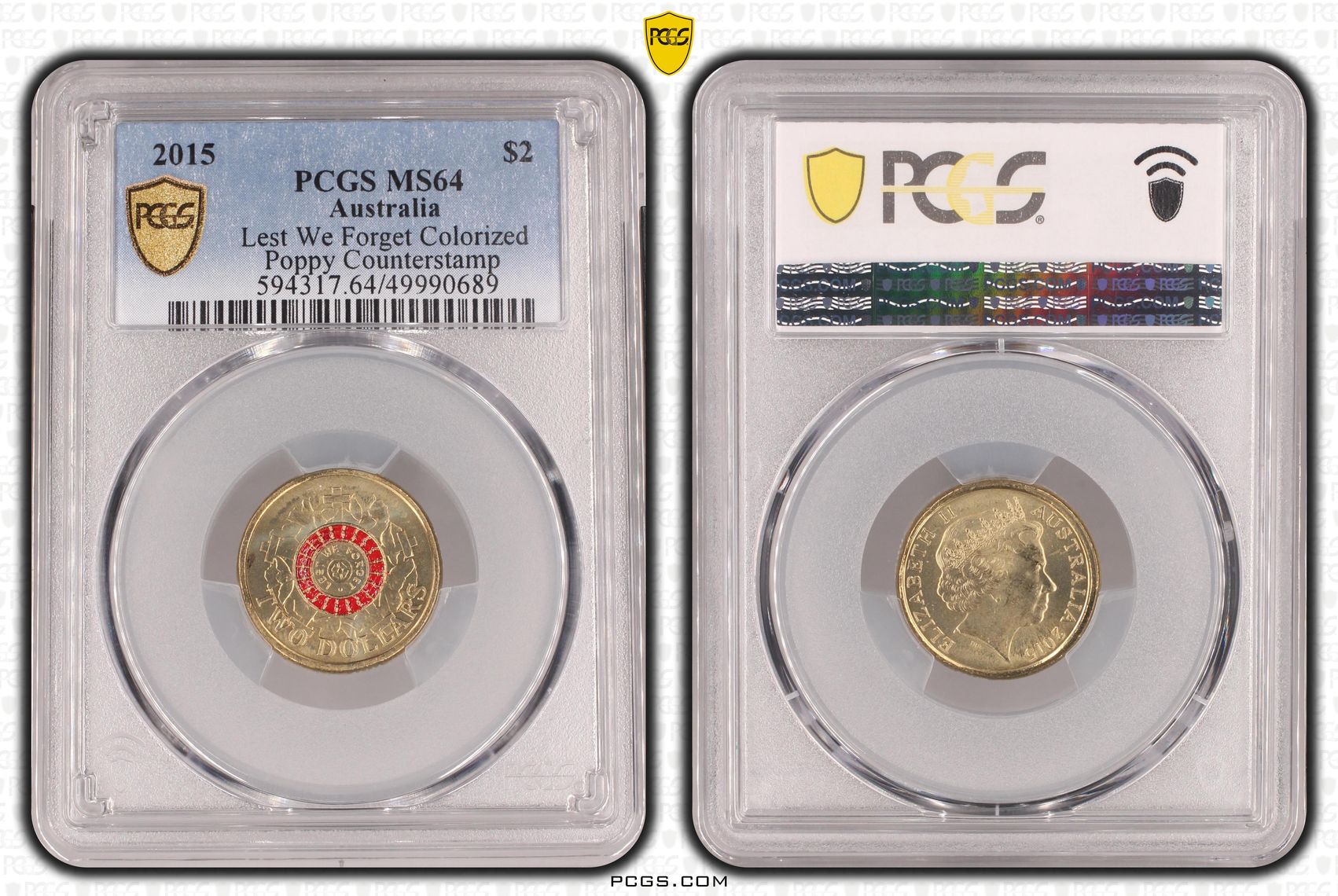 Lest We Forget Colorized Poppy counterstamp, Two Dollar, 2015, PCGS MS64