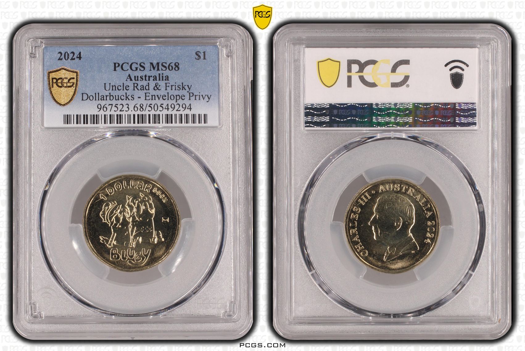 Uncle Rad & Frisky - Dollarbucks Envelope Privy, One Dollar, 2024, PCGS MS68