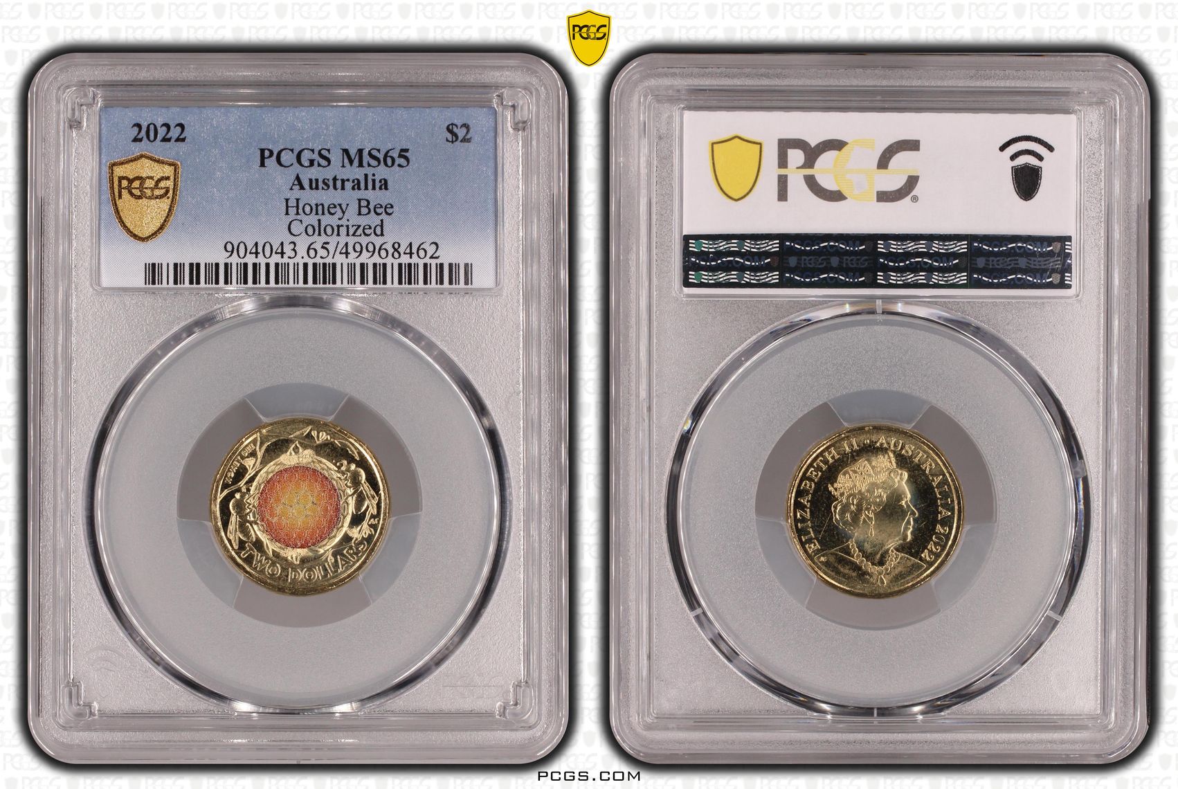 Honey Bee Colourised, Two Dollar, 2022, PCGS MS65