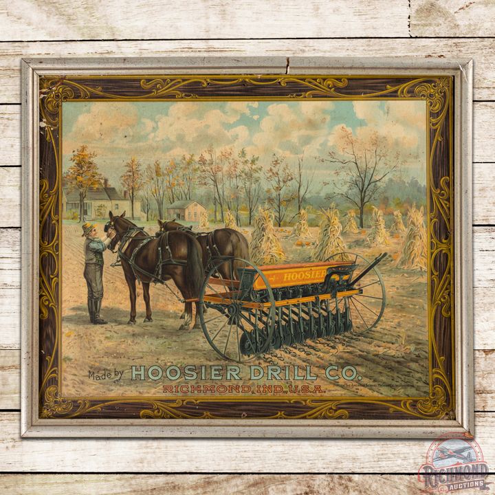 Hoosier Drill Co. SS Masonite Sign w/ Farm Scene & Plow
