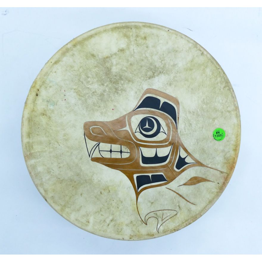 NW Coast Brown Bear Painted Drum 13'' - Illegibly signed