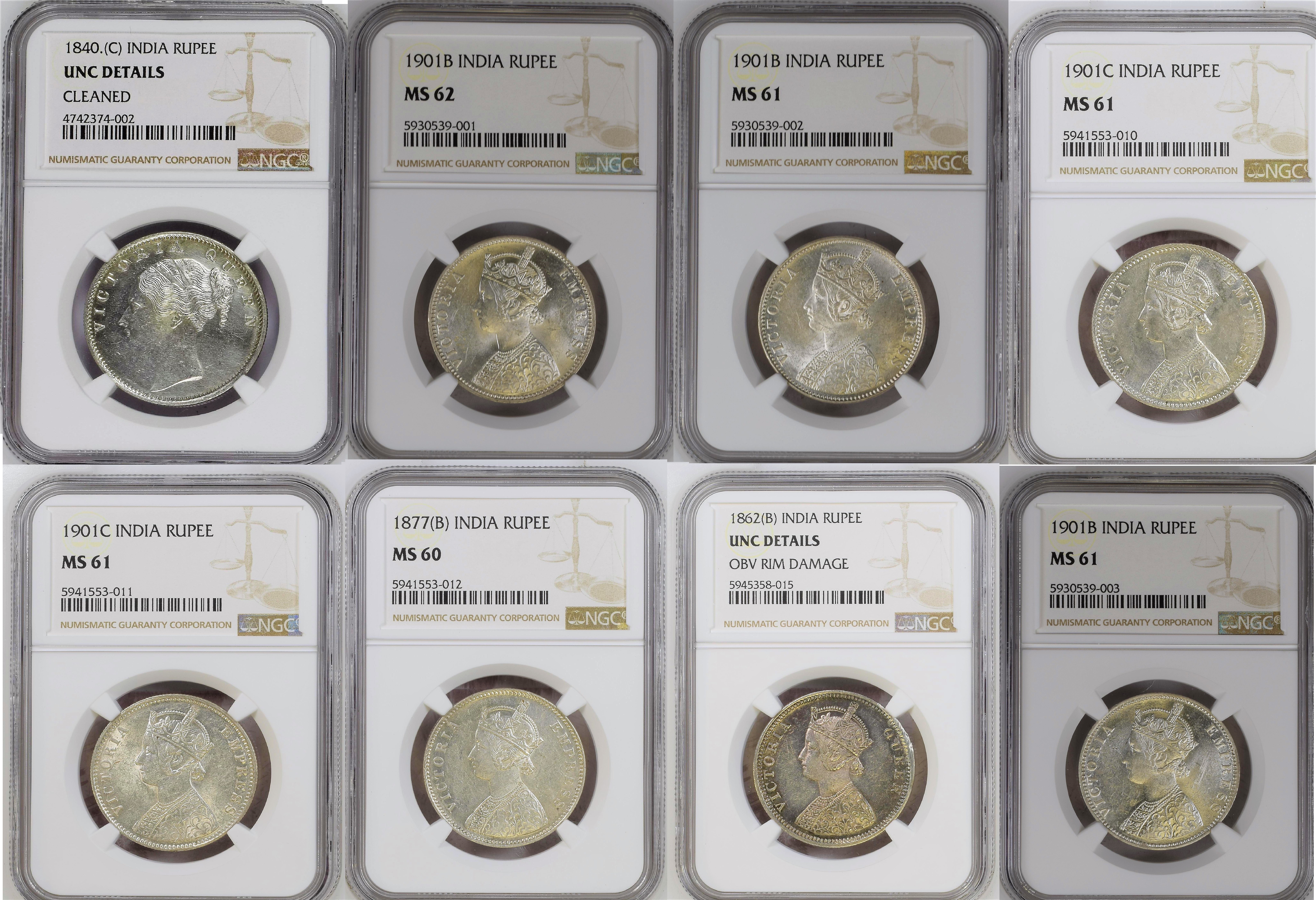 India Lot of 8 silver graded rupees different dates. NGC Details through MS62