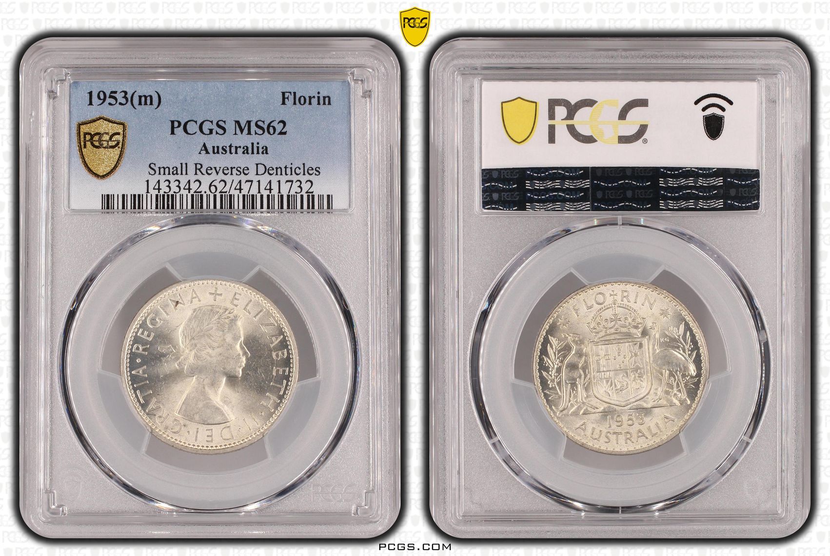 Small Reverse Denticles, Florin, 1953(m), PCGS MS 62