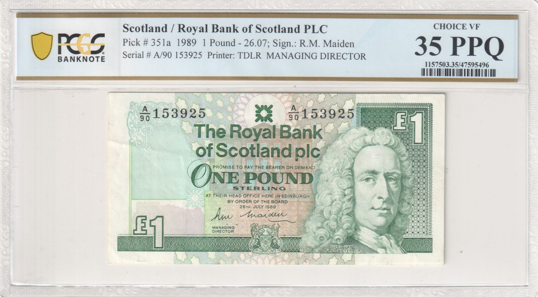 Scotland, Royal Bank of Scotland PLC, 26.07; R.M. Maiden, One Pound, 1989, PCGS Choice VF 35 PPQ