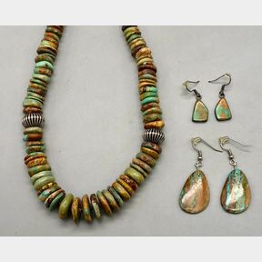 Green Turquoise And Sterling Silver Necklace With Two Pairs Of Earrings