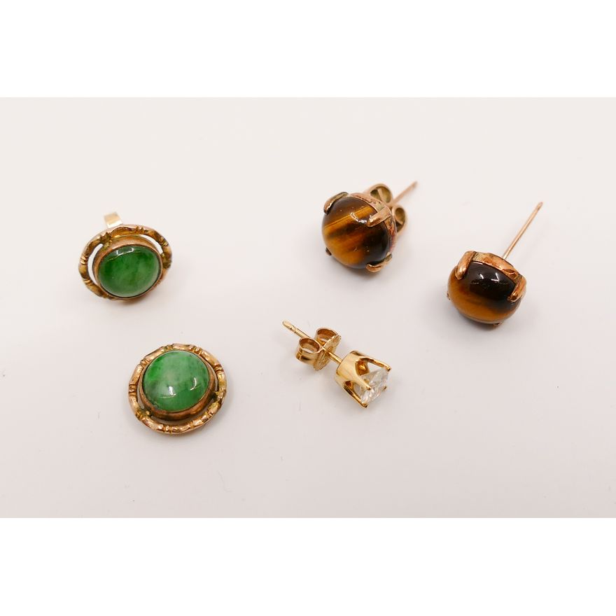Box 14K Jade, Tiger Eye, and Diamond Stud Earrings- AS IS- 5g