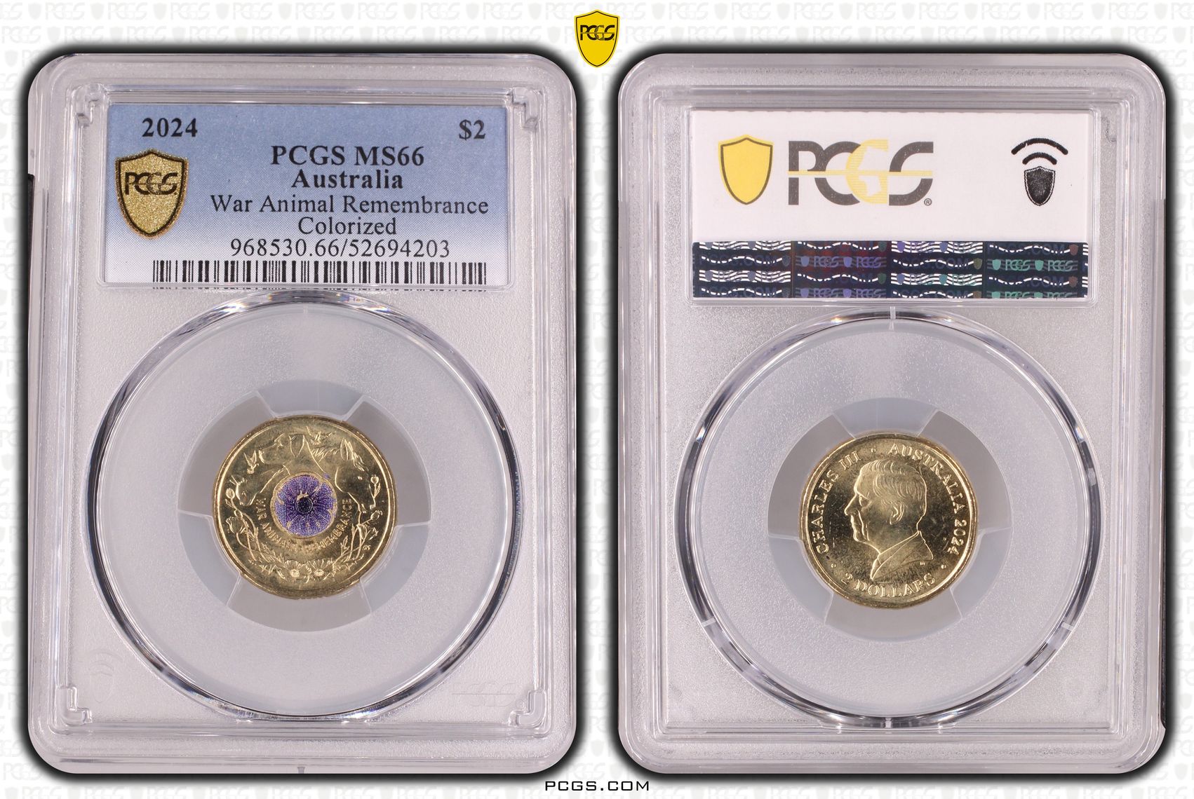 War Animal Remembrance Colourised, Two Dollar, 2024, PCGS MS66
