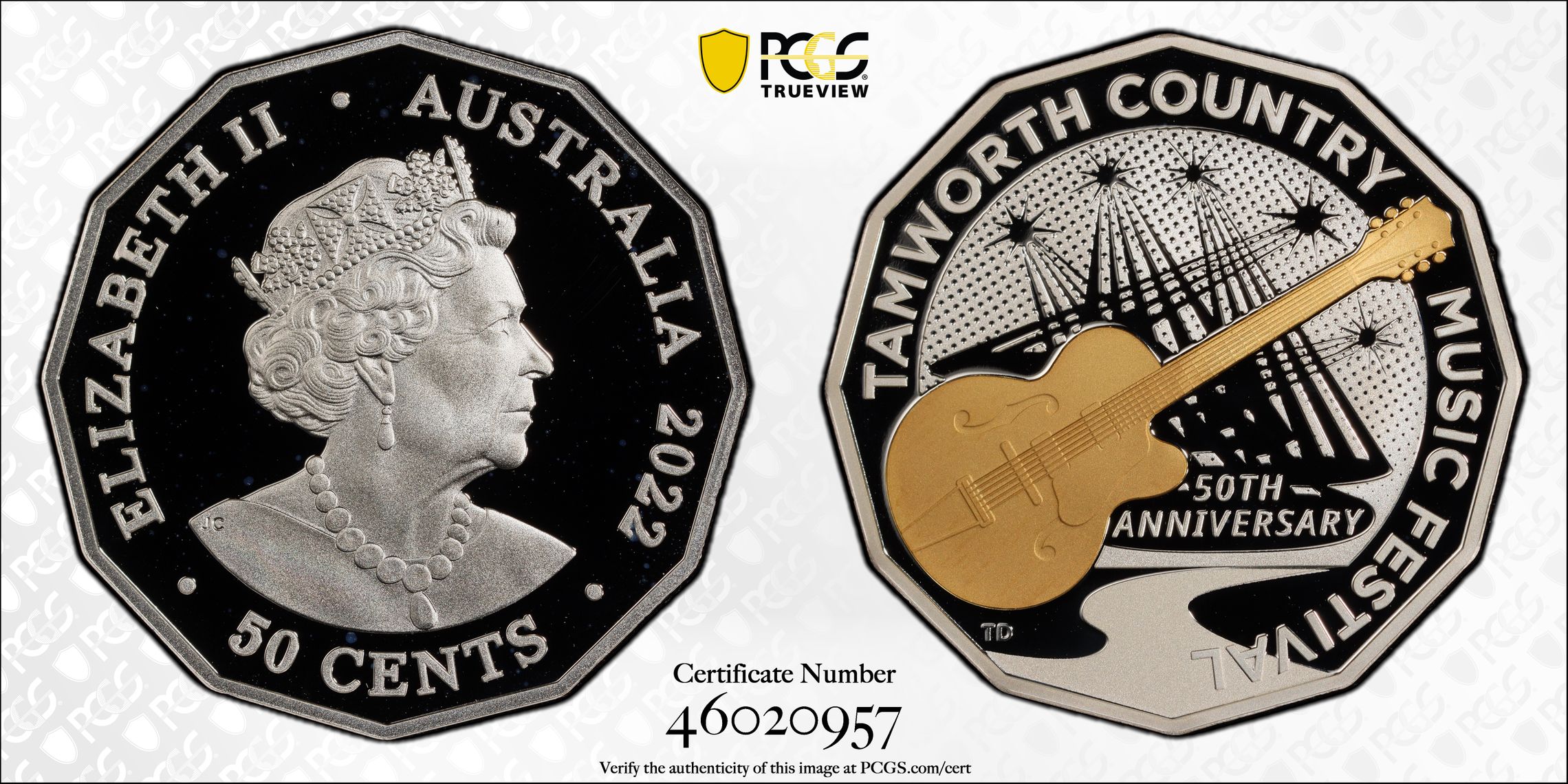 Tamworth Music Festival Partial Gilt, Fifty Cent, 2022, PCGS PR69DCAM