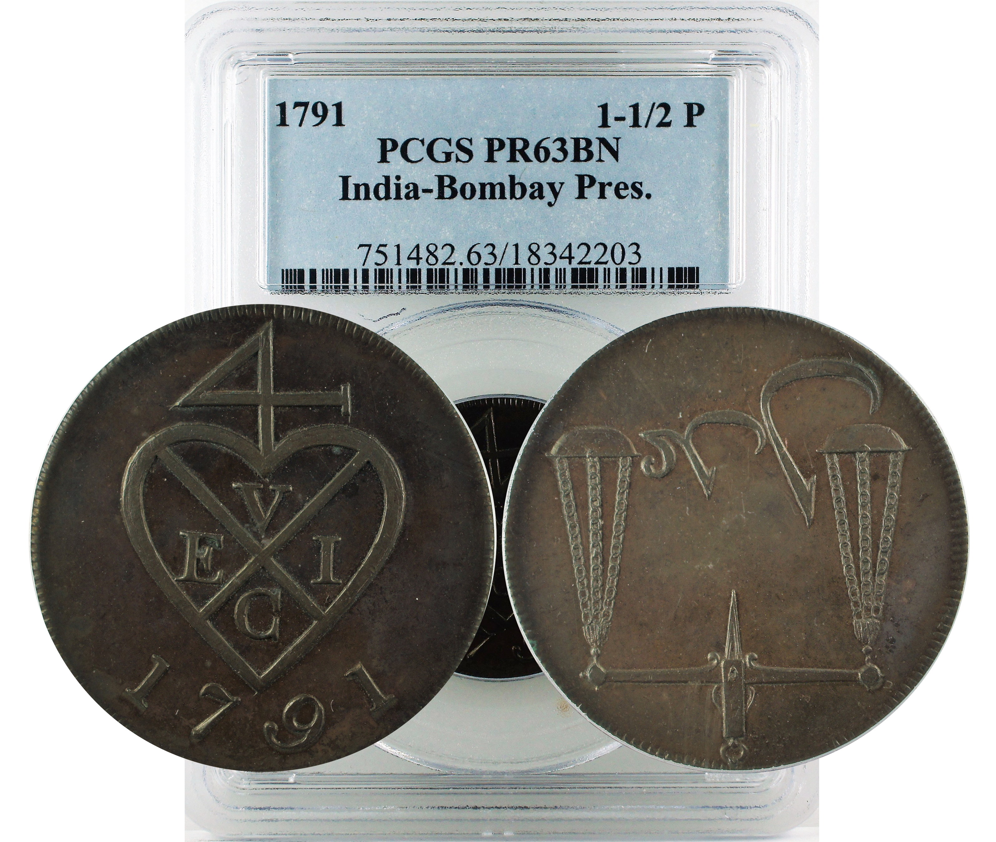 1791 1 1/2 P KM-195 INDIA-BOMBAY PRES. PR63BN