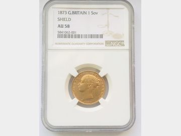 1873 Queen Victoria Young Head #Die 105 Shield Gold Sovereign NGC AU58
