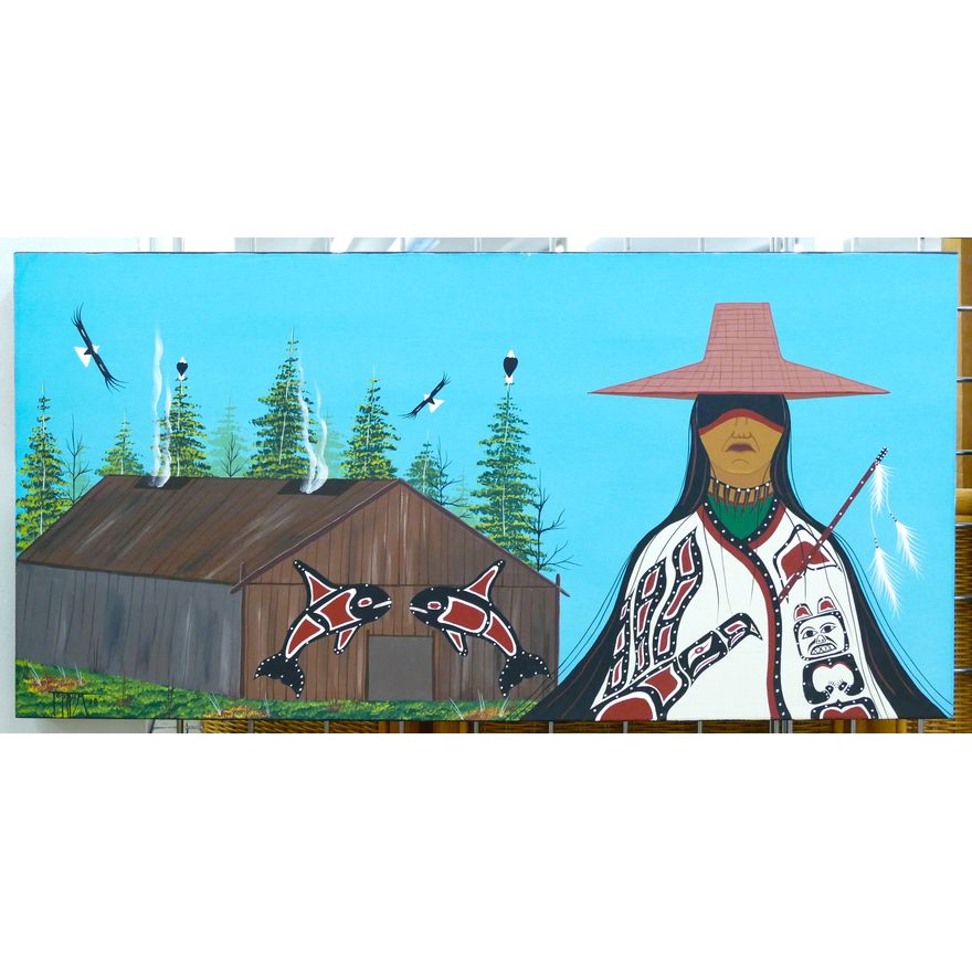 Grover Topaum (Kiowa) ''Native with Longhouse'' 2018 Acrylic
