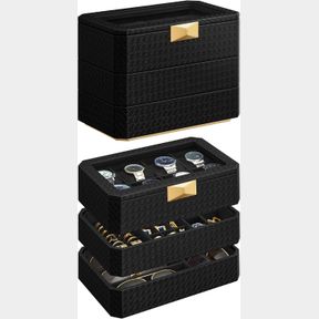 6.3"D X 10.7"W X 8.1"H SONGMICS HOME RONNE COLLECTION - 3-TIER WATCH BOX, STACKABLE 8-SLOT WATCH CASE, WOVEN EMBOSSED PU LEATHER,