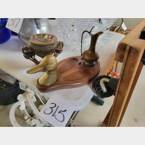Brass duck vanity tray, Egyptian trinket box and vase