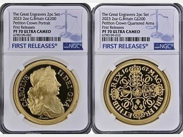 2023 THE GREAT ENGRAVERS 'PETITION PAIR' PROOF GOLD 200 POUNDS (2OZ EACH) PF70 UCAM TOP POP!