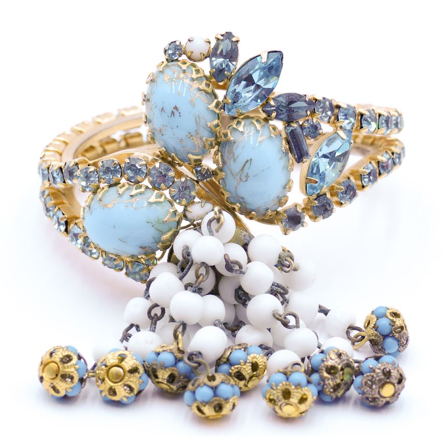 Hobe Blue Rhinestone Cuff Bracelet with Dangles