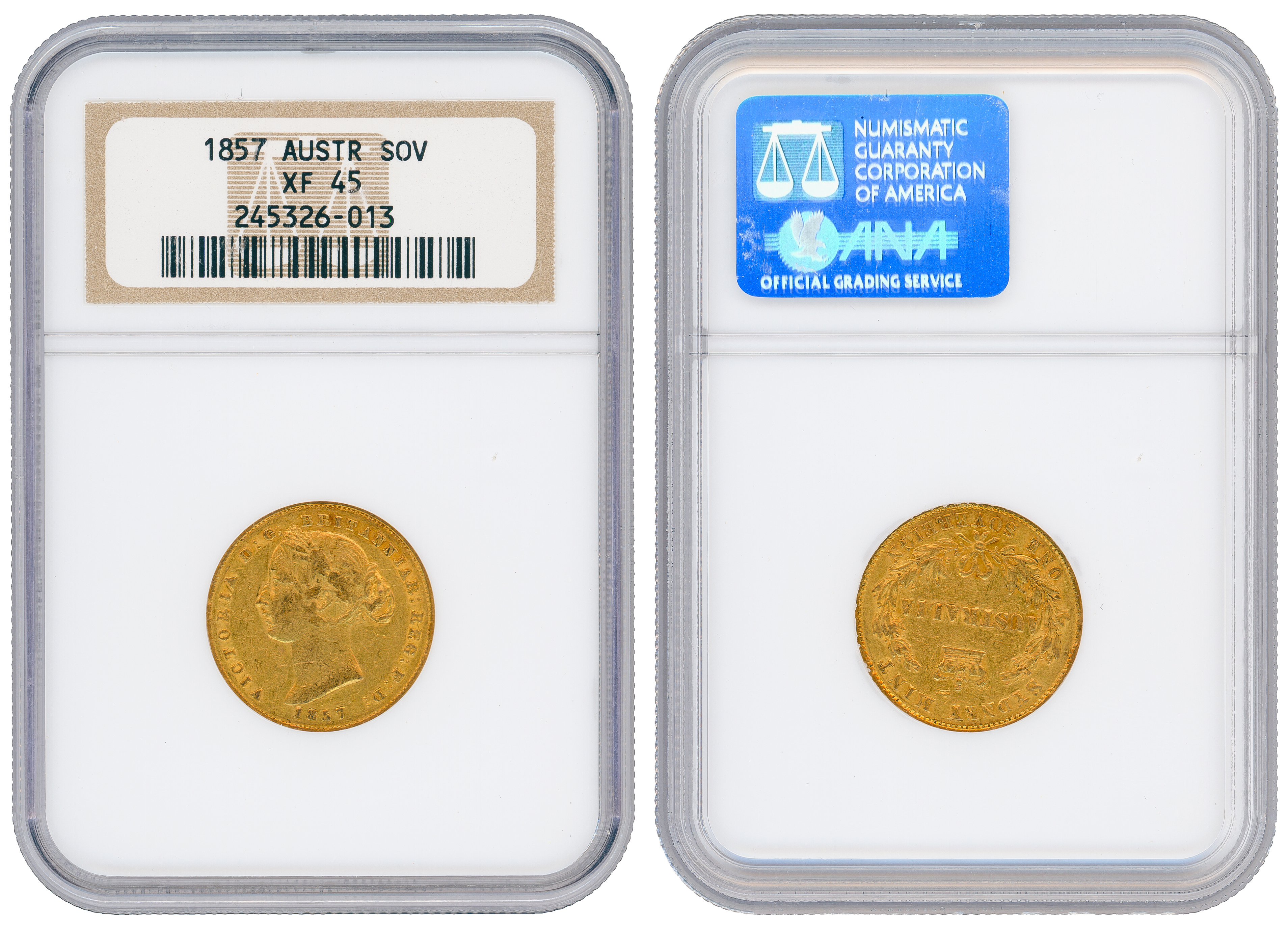 55 · Victoria, Sydney Mint - Type 2, Sovereign, 1857, NGC XF45