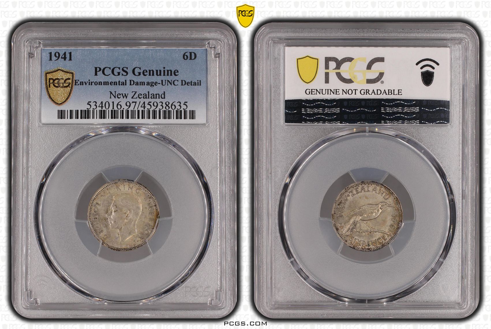 1941 New Zealand Sixpence Silver PCGS - Genuine - UNC Details (97 - Environmental Damage) -635