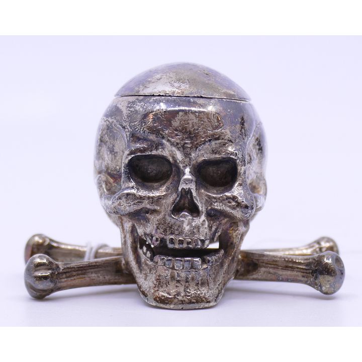 Antique Skull and Crossbones Silverplated Inkwell 3''
