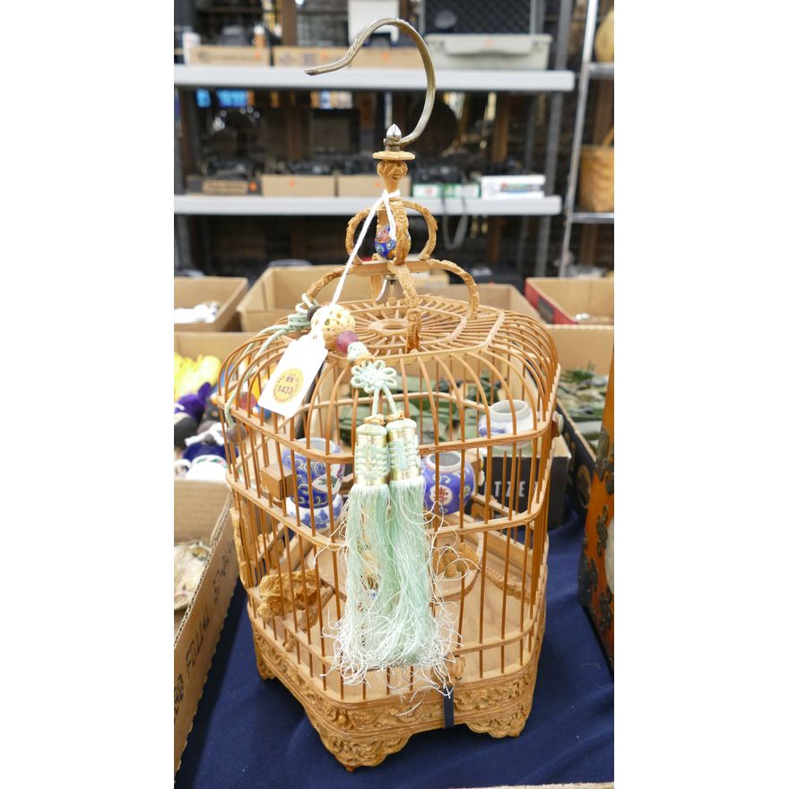 Chinese Carved Birdcage with Porcelain Feeders 16''