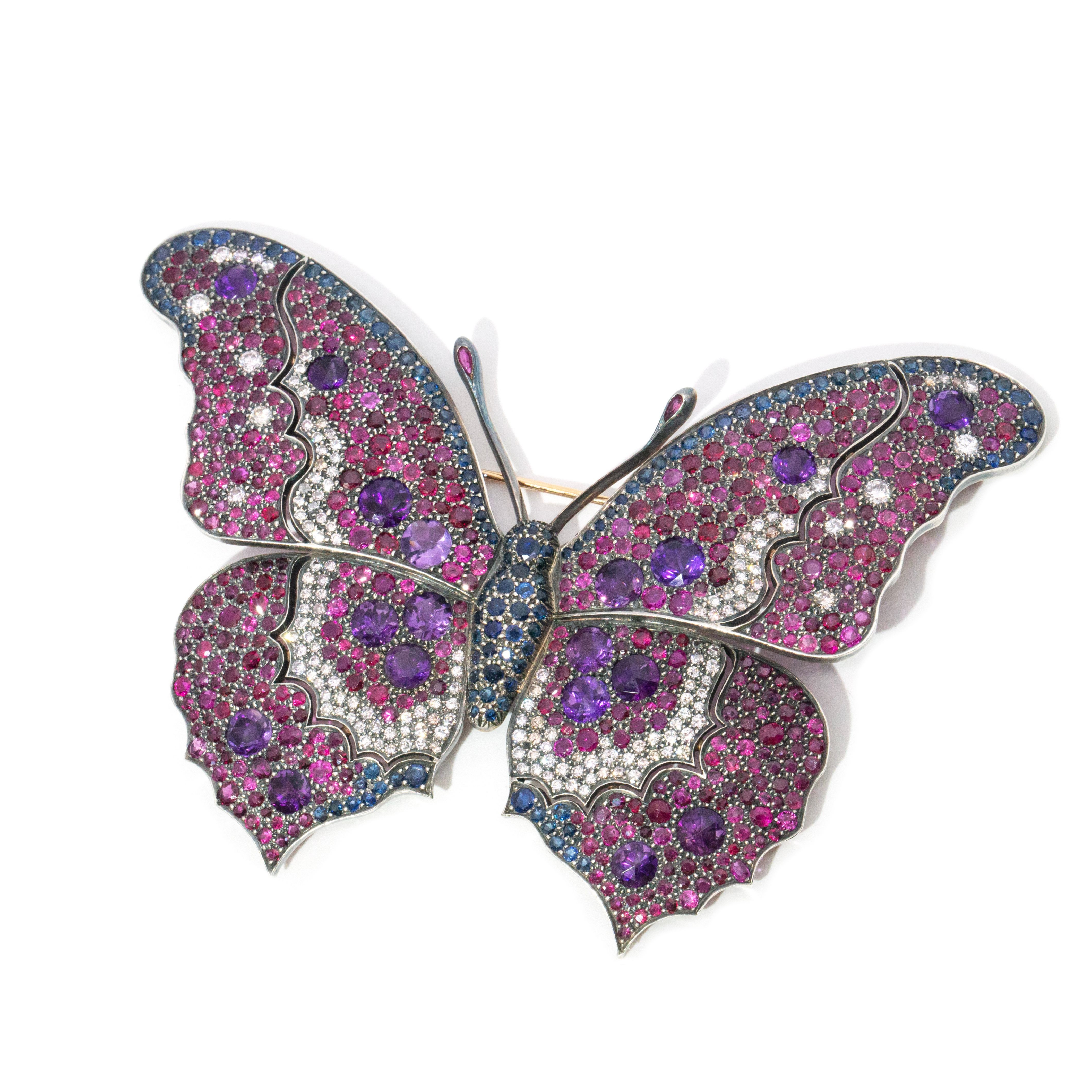Handmade Butterfly Brooch with Diamonds, Rubies, Sapphires and Amethysts