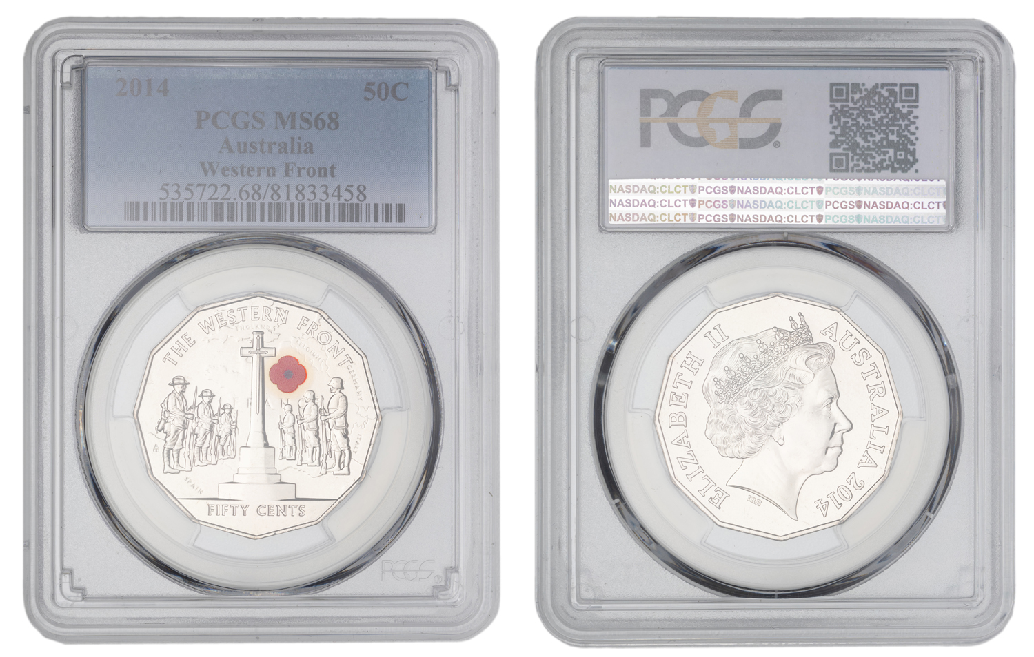 Elizabeth II, Western Front Colorized, Fifty Cent, 2014, PCGS MS68
