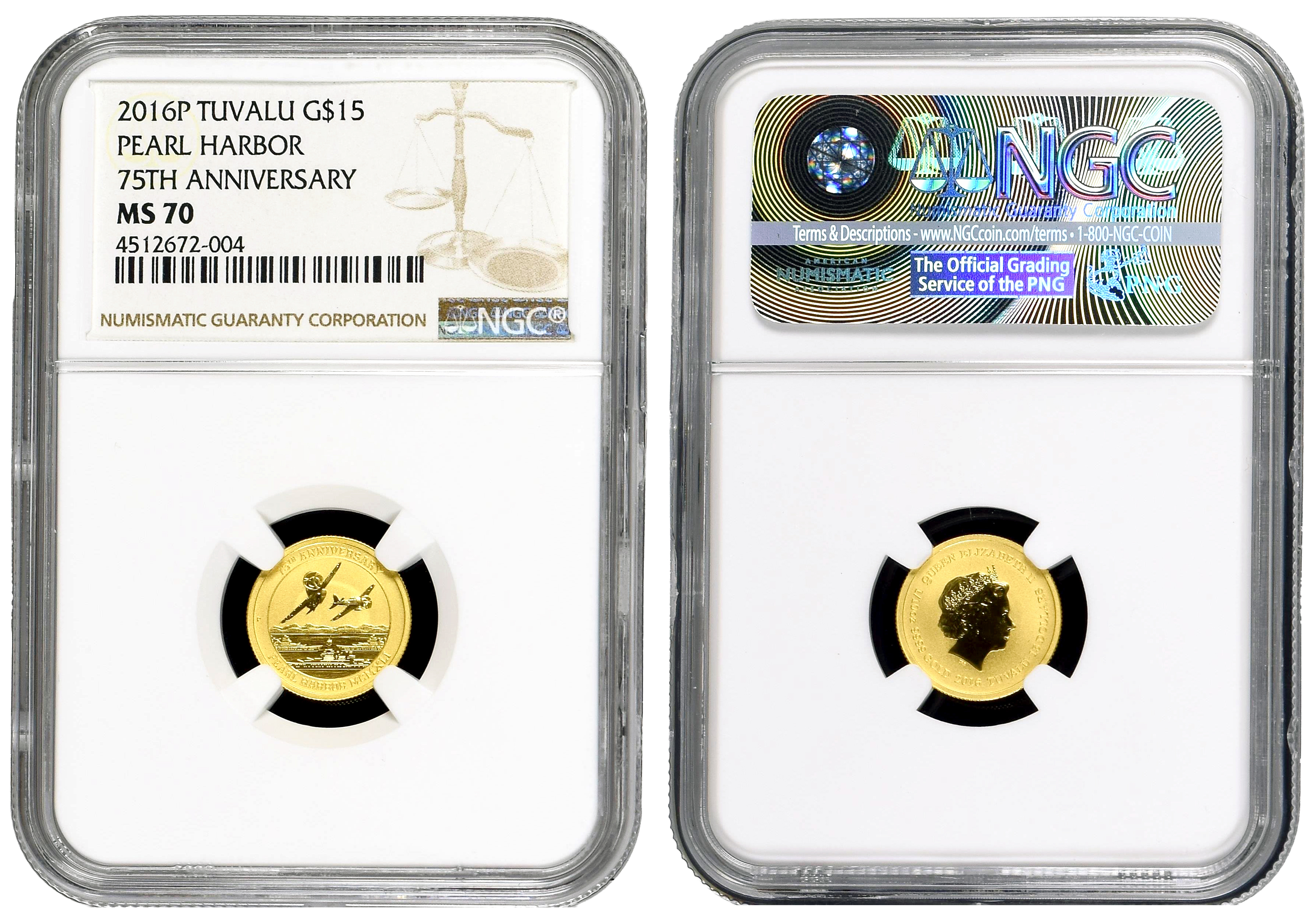 Tuvalu, Elizabeth II, Pearl Harbour, 75TH Anniversary, Fifteen Dollars, 2016-P, NGC MS70