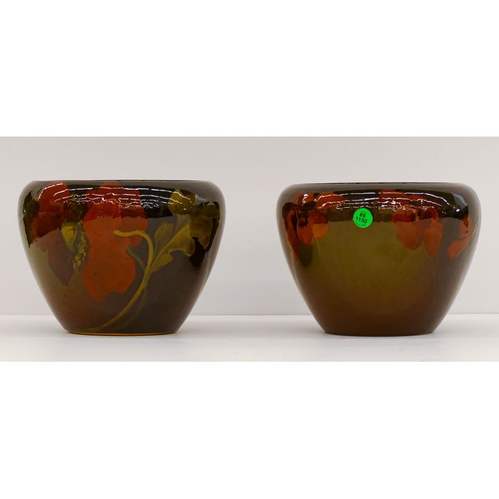 Pair Weller Louwelsa Poppy Standard Glaze Pots 6.5'' - One small rim flake
