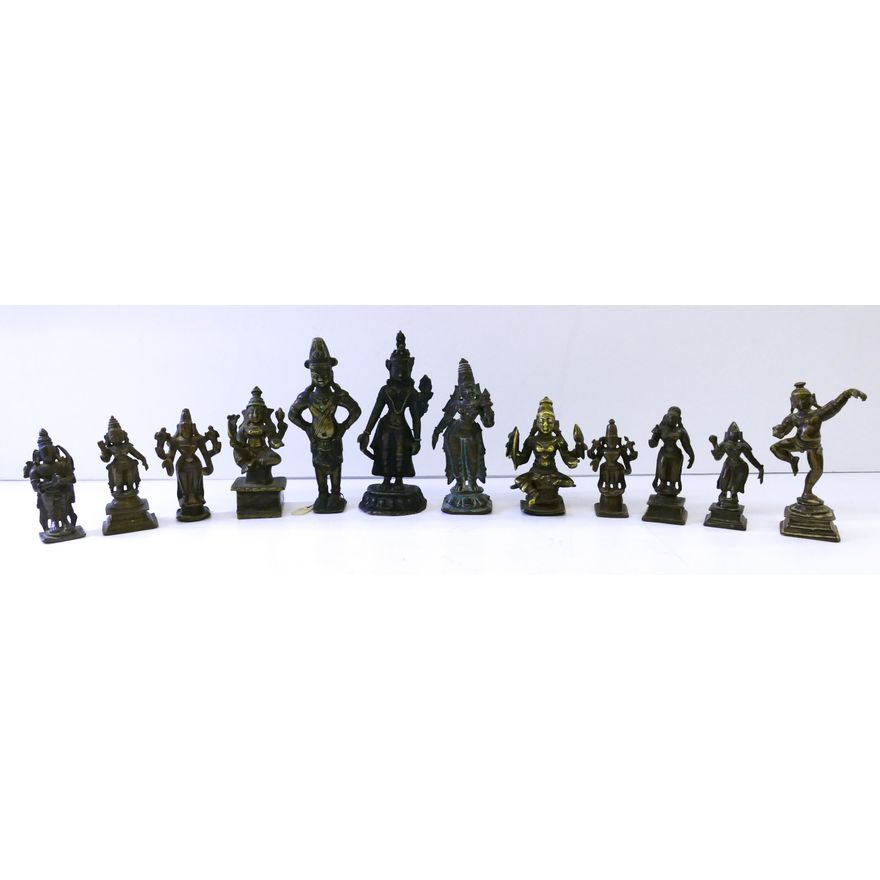 Tray 12pc Indian Bronze Standing Shiva & Tara Figures