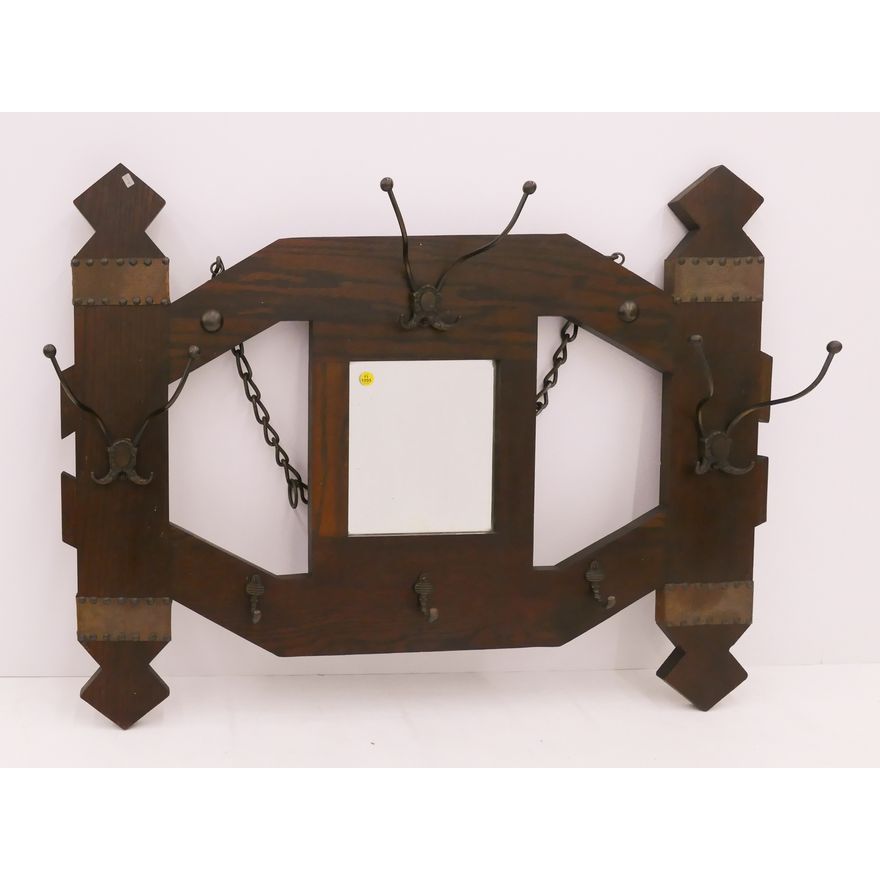 Antique Mission Style Oak Hall Mirror with Coat Hooks- 30x41''