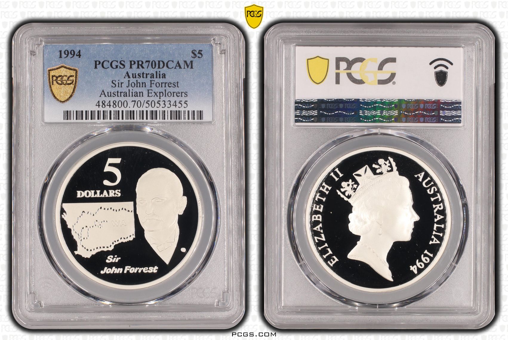 Sir John Forrest - Australian Explorers POP 15/0, Five Dollar, 1994, PCGS PR70DCAM