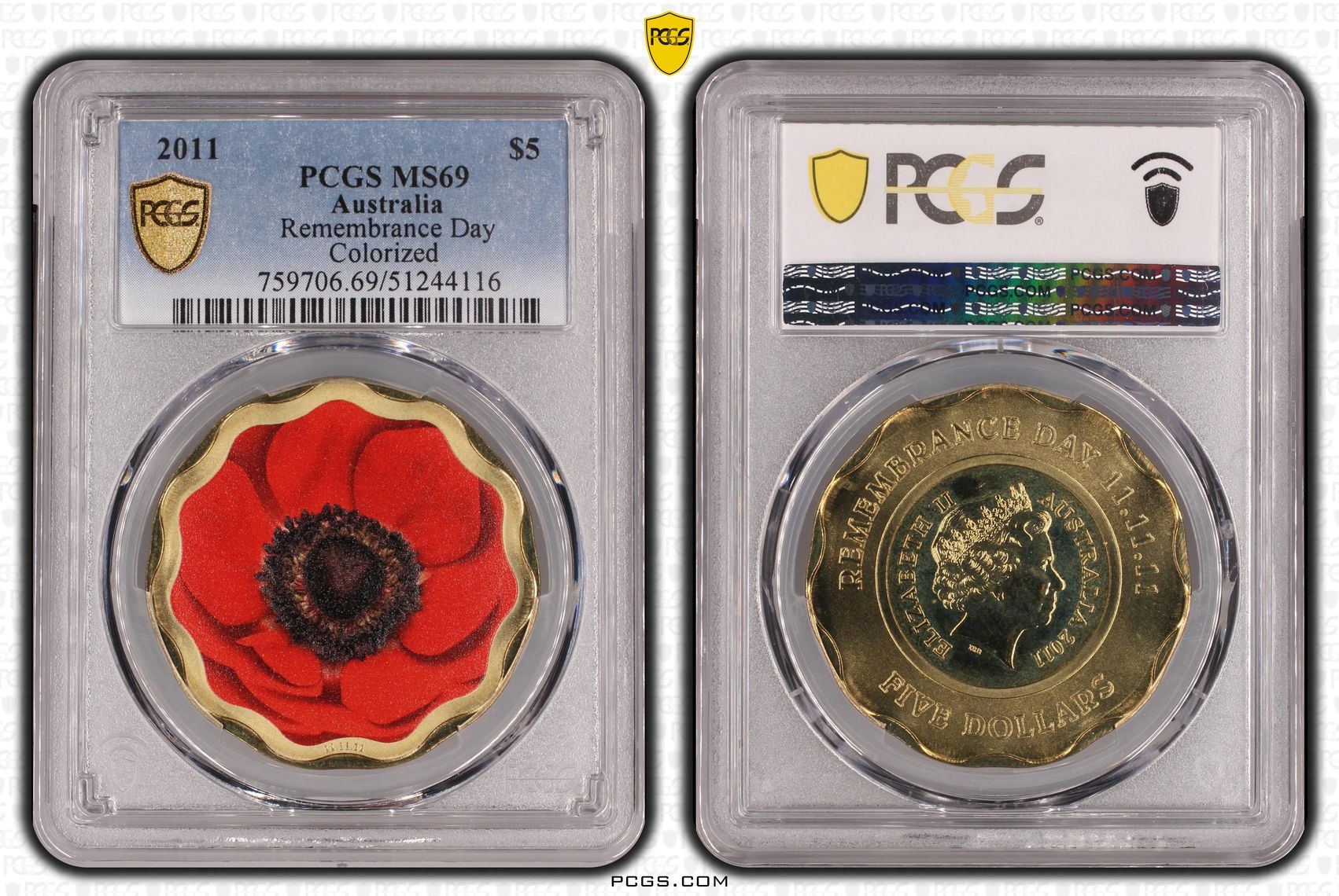 Remembrance Day - Colorized, Five Dollar, 2011, PCGS MS69
