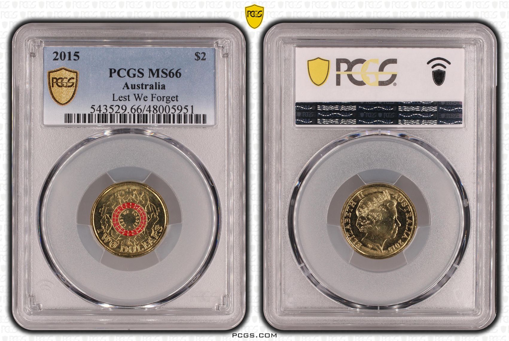 Elizabeth II, Lest We Forget Colorized , Two Dollar, 2015, PCGS MS66