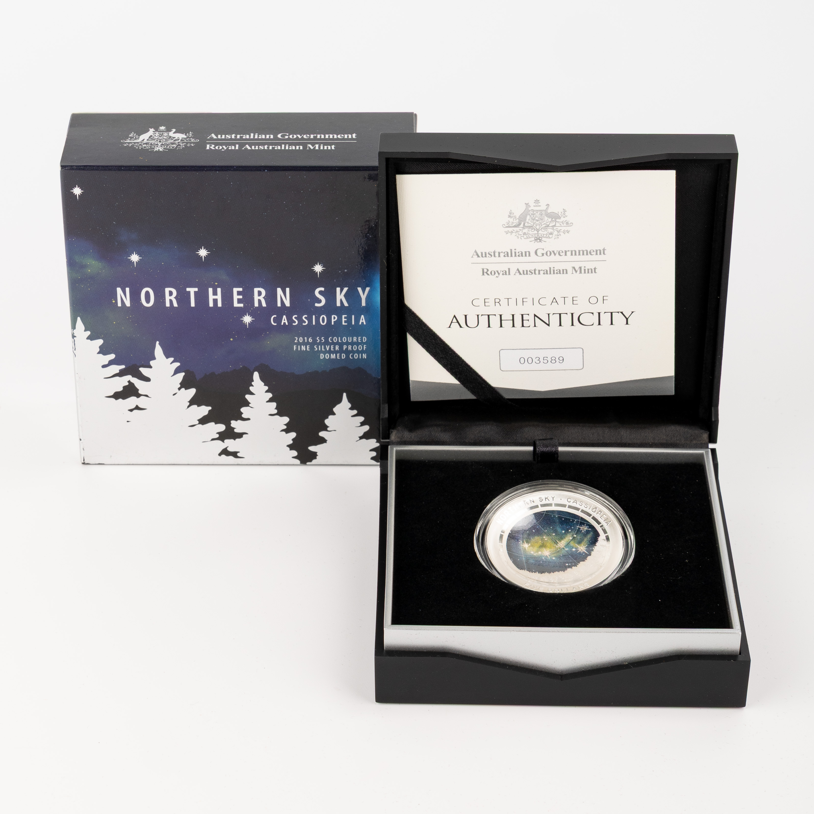 Northern Sky Cassiopeia Silver Proof Domed Coin, Five Dollars, 2016