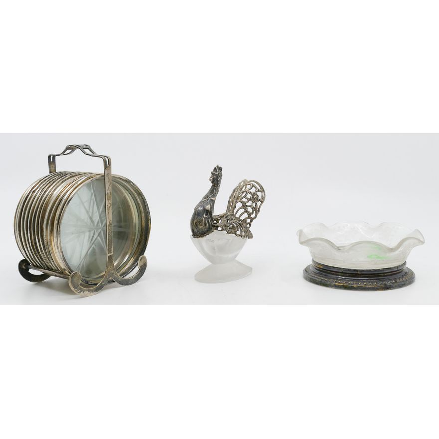 3pc Sterling Rim Crystal Coasters and Rooster Salt 3'' to 4''