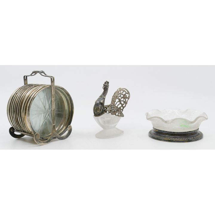 3pc Sterling Rim Crystal Coasters and Rooster Salt 3'' to 4''